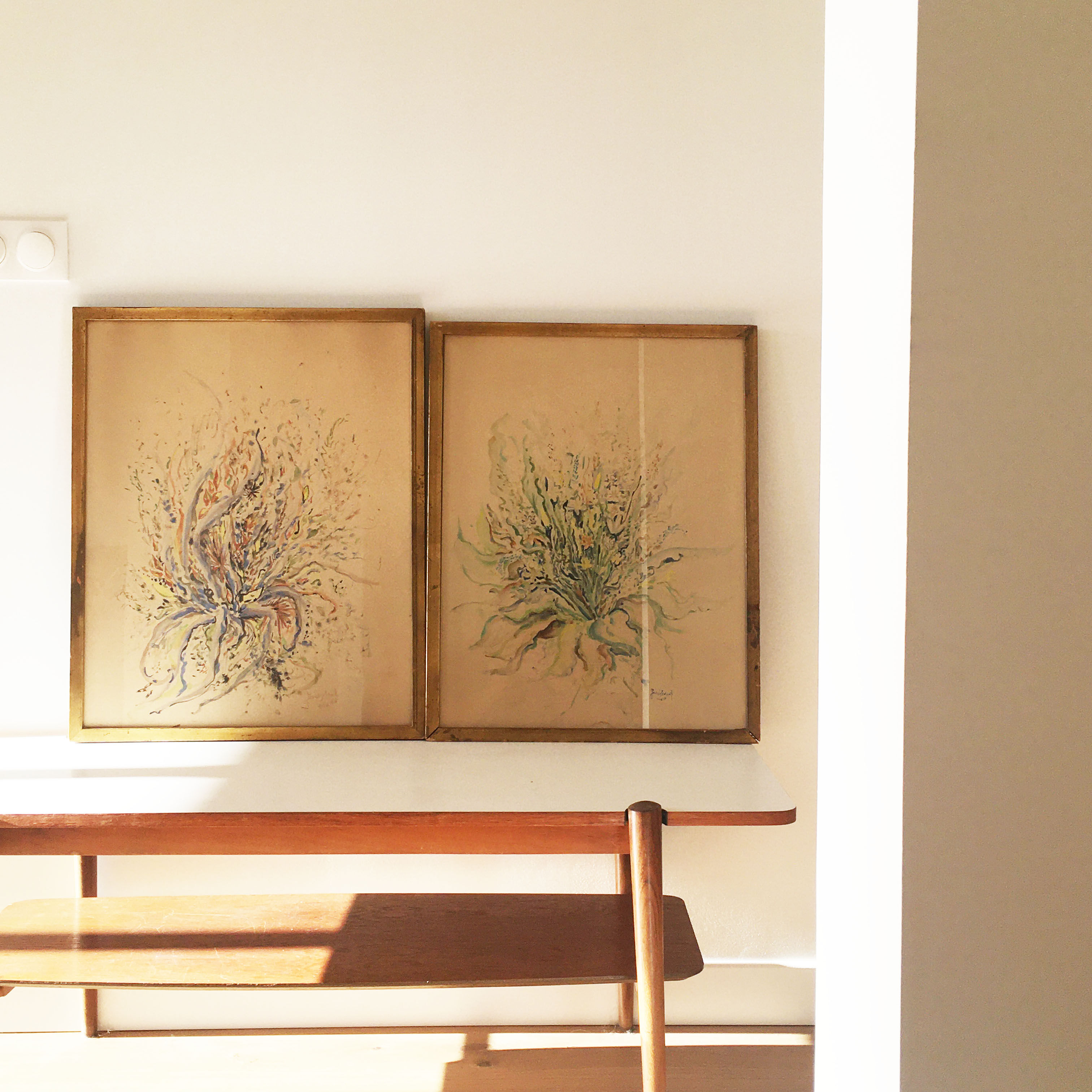 Pair of vintage paintings 1950 frame gilded wood