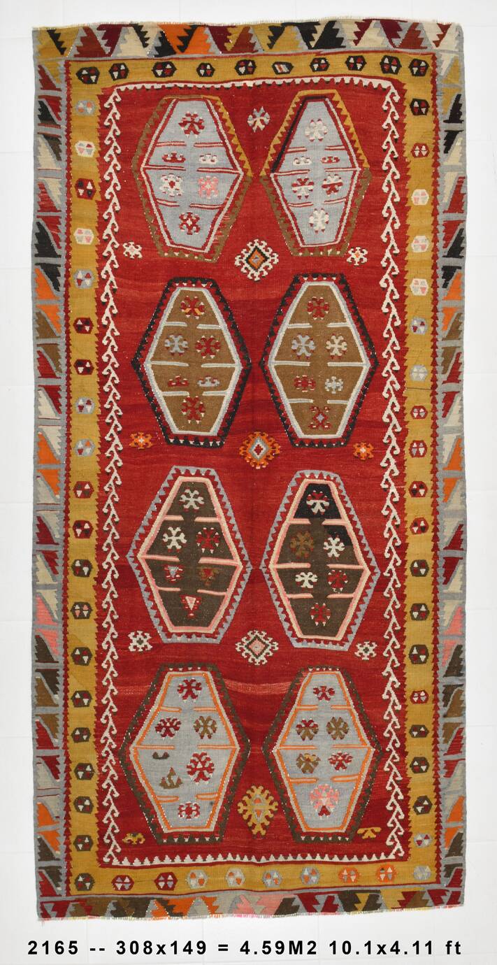 Grand Kilim Designer Vintage, Tapis Anatolien Rouge Fait Main, 149x308 Cm