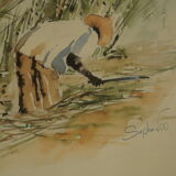 Numbered watercolor lithograph painting "the cane harvest"