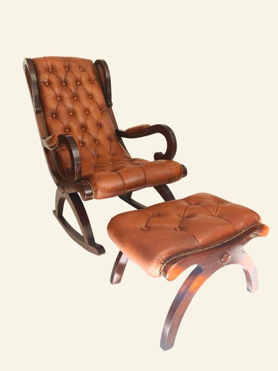 Rocking chair with footrest, wood and tufted leather