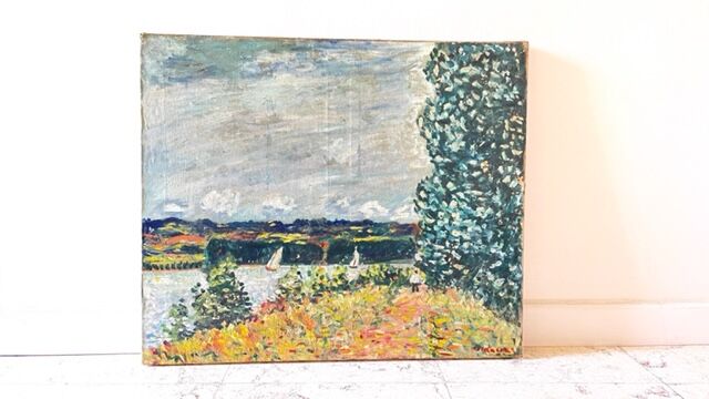 Oil on canvas landscape with 2 boats