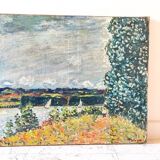 Oil on canvas landscape with 2 boats