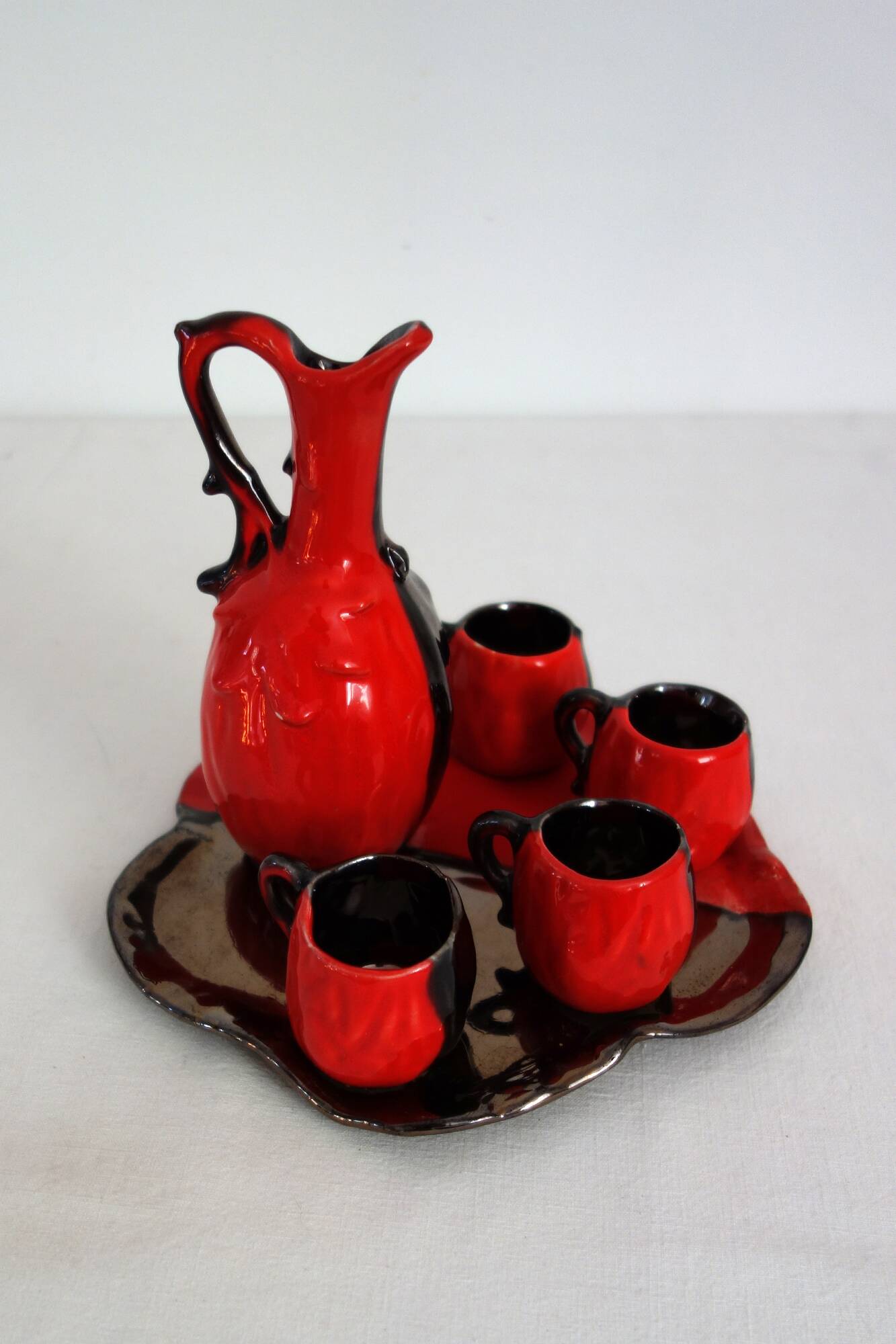 Vallauris two-tone liqueur service vintage flamed stoneware