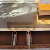 COFFEE TABLE STAINLESS STEEL, LEATHER AND WOOD. House Saulaie. Art Deco style