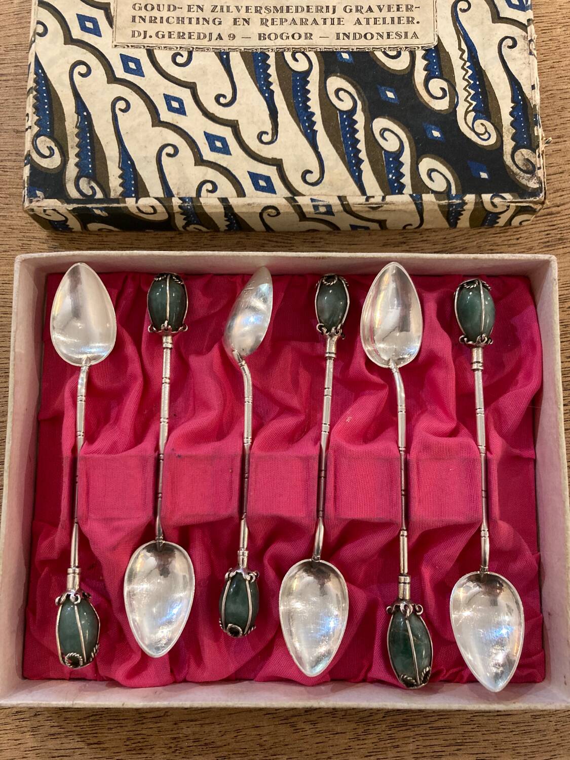 Box of 6 antique silver and jade spoons