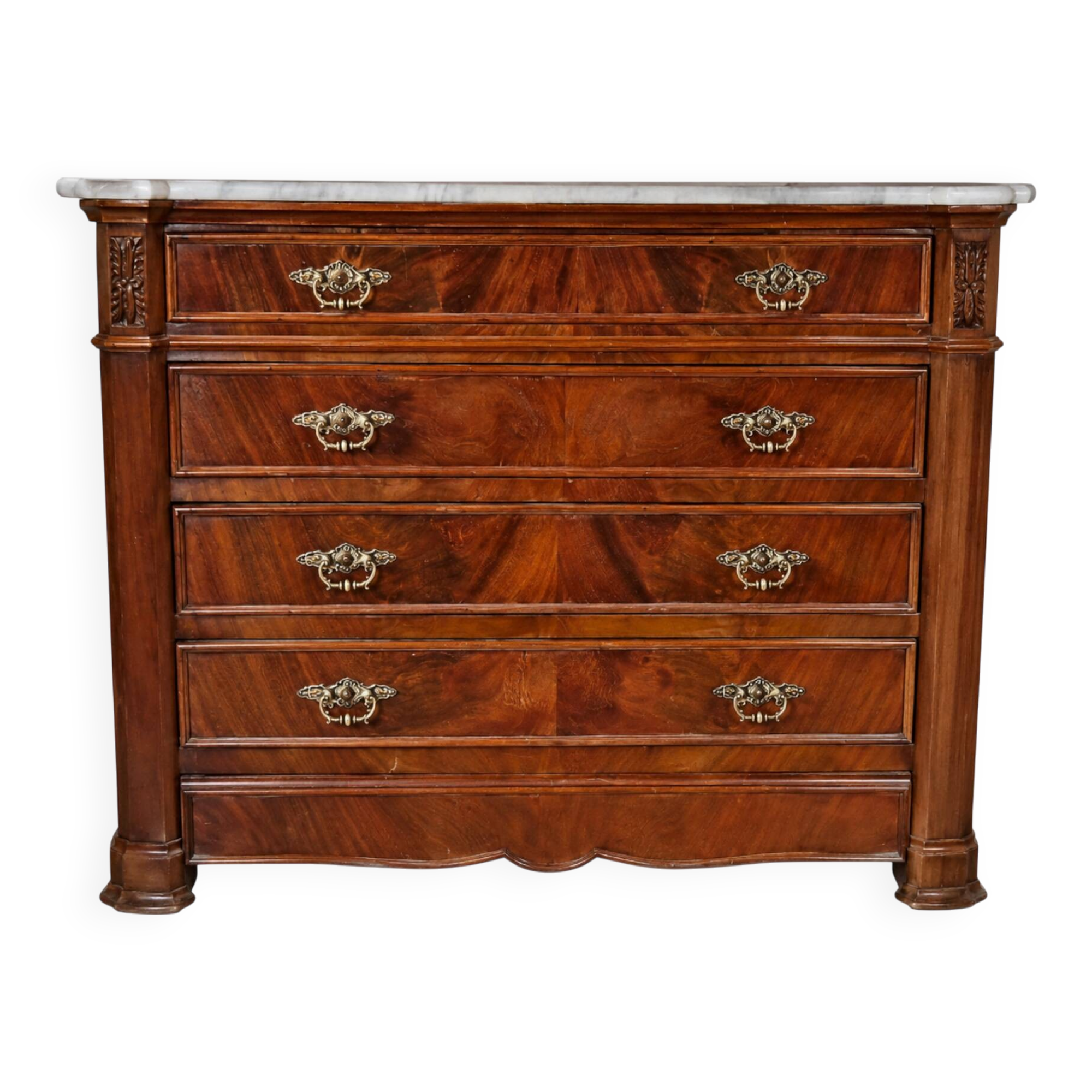 Antique Napoleon III commode in flame mahogany, with a white marble top.