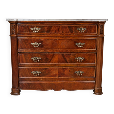 Commode ancienne Napoléon III en acajou flammé, dessus marbre blanc