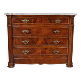 Antique Napoleon III commode in flame mahogany, with a white marble top.