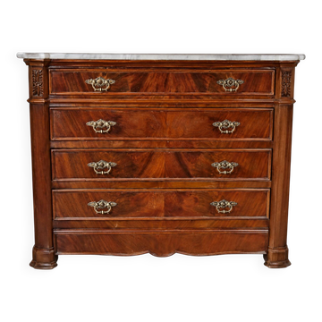 Antique Napoleon III commode in flame mahogany, with a white marble top.