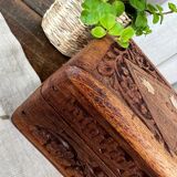 Carved wooden box with brass inlay
