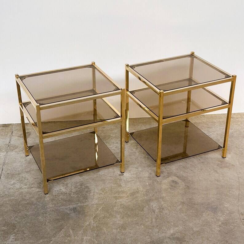 Pair of Vintage Three-Level Tables in Brass and Smoked Glass, 1970s