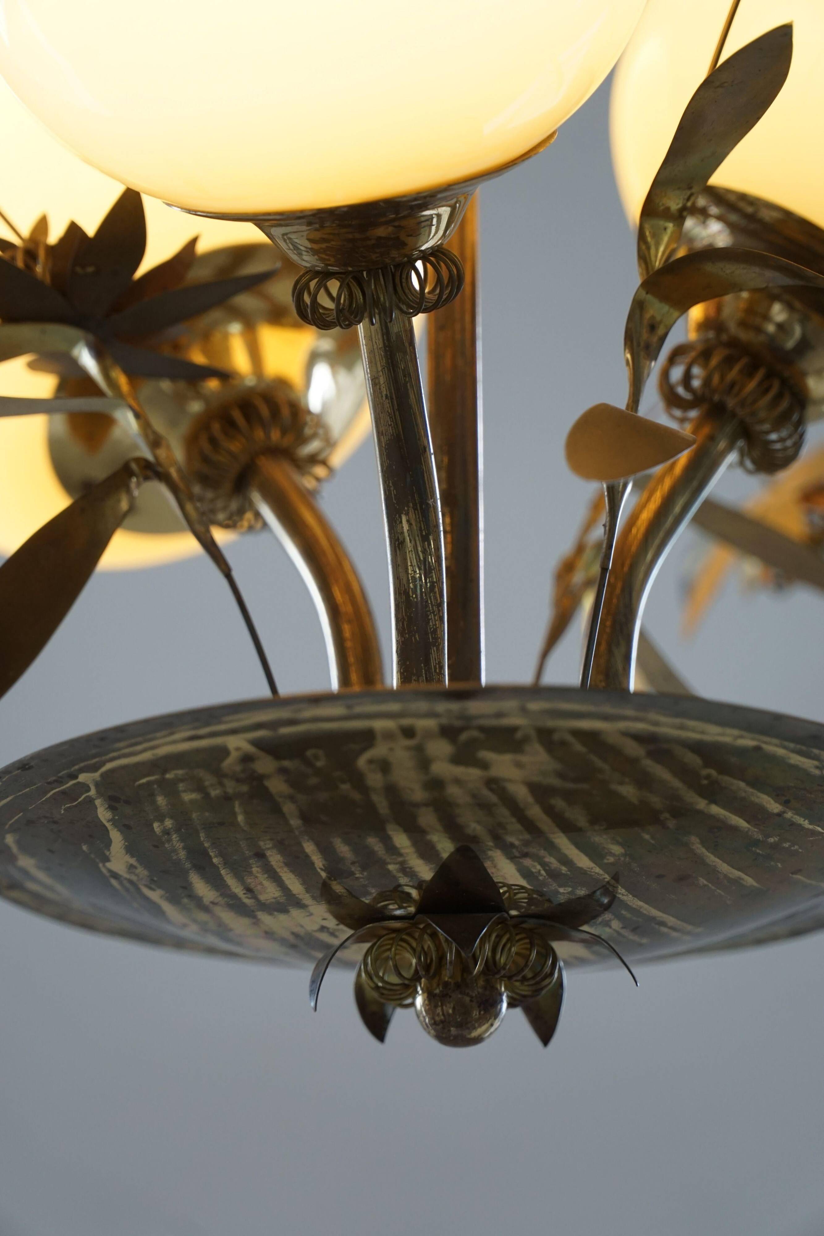 Mid-century glass and brass chandelier, model 501-3 by Stockmann, Finland, 1940s.