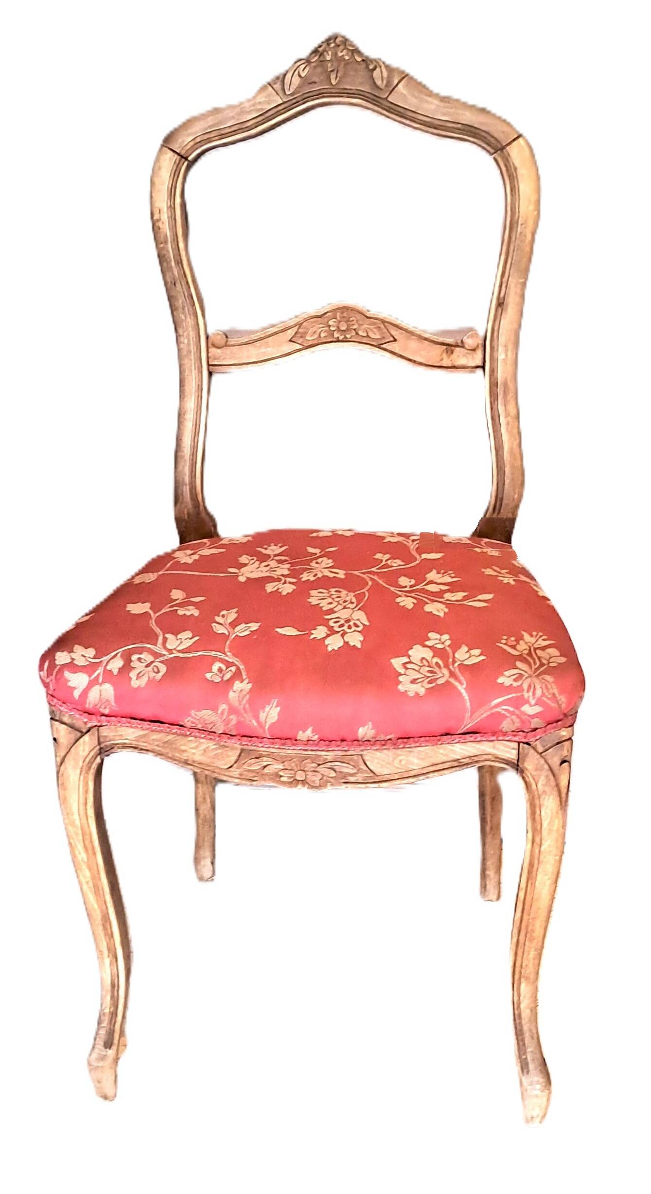 Wooden chair with varnished wood and red satin brocade fabric, 1920