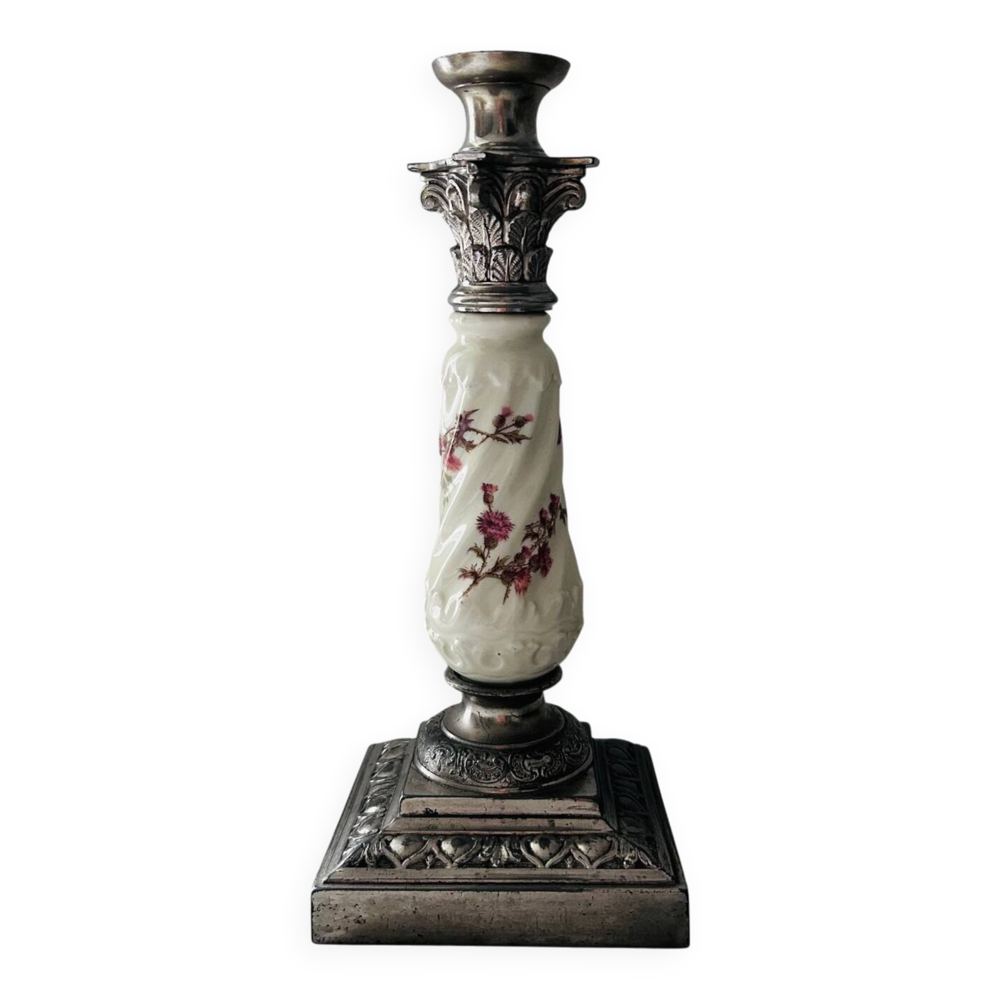 Silver-plated metal and porcelain candlestick