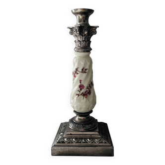 Silver-plated metal and porcelain candlestick