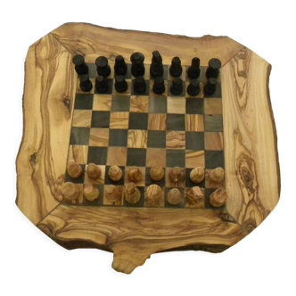Vintage Handcrafted Carved Olive Wood Chess Games with Natural Edge Drawer