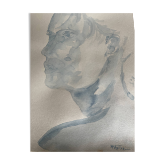 Tableau signé aquarelle monochrome bleue portrait femme « sous le soleil »