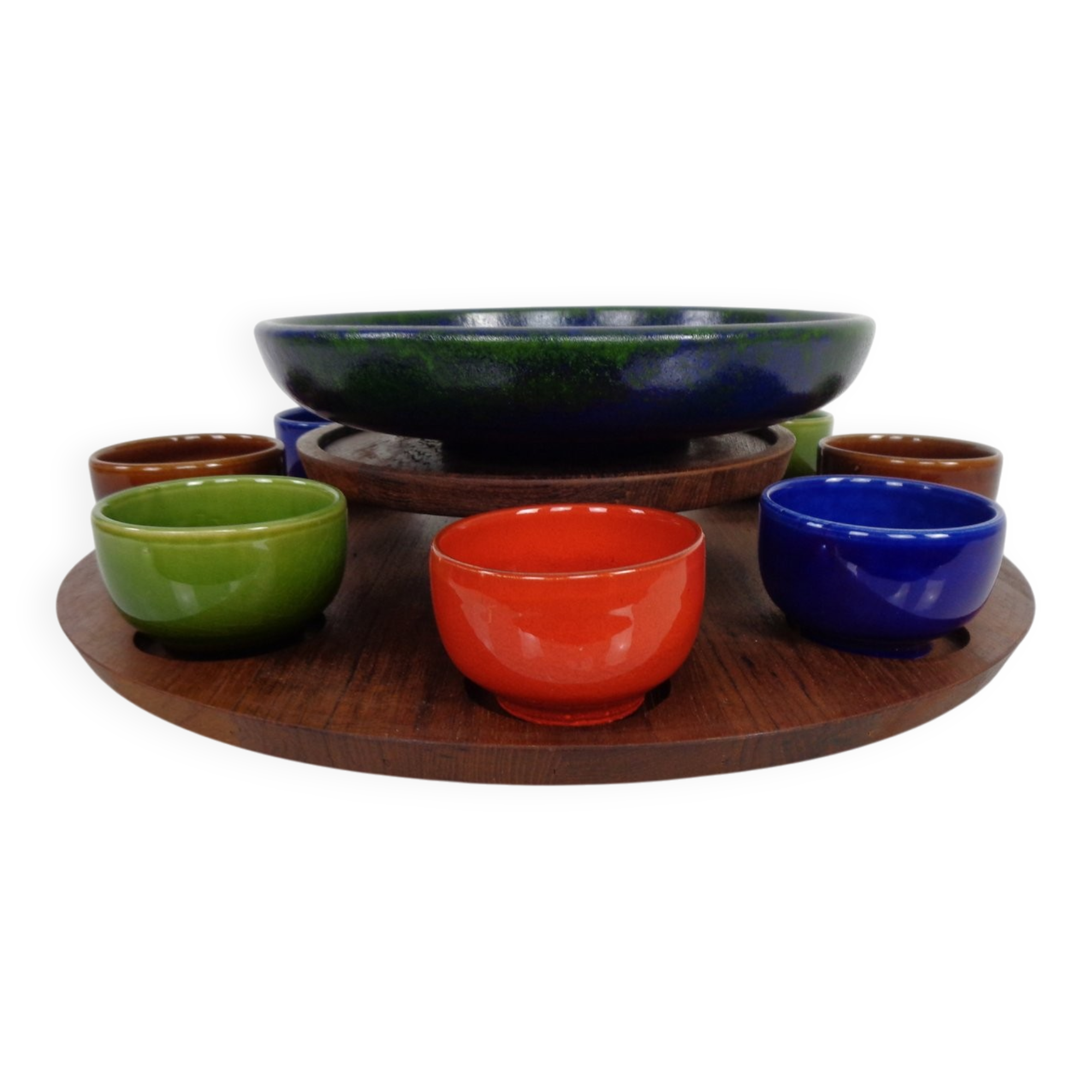 Rotating Teak Tray with Ceramic Bowls, Denmark, 1960s, Set of 10