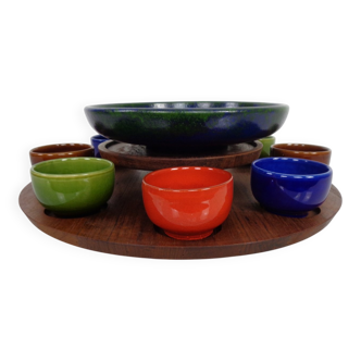 Rotating Teak Tray with Ceramic Bowls, Denmark, 1960s, Set of 10