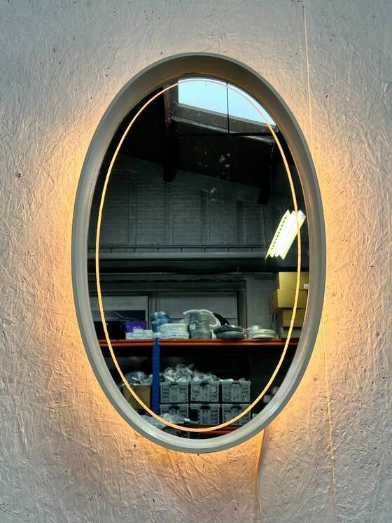 Vintage Oval Mirror with Lighting in Wooden Frame, Hillebrand Germany 1970s