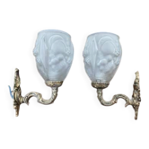 Paire d'appliques laiton et pâte de verre