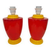 Paire de pieds de lampe rouge et jaune 80s