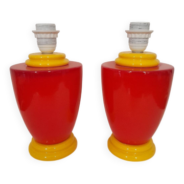 Paire de pieds de lampe rouge et jaune 80s