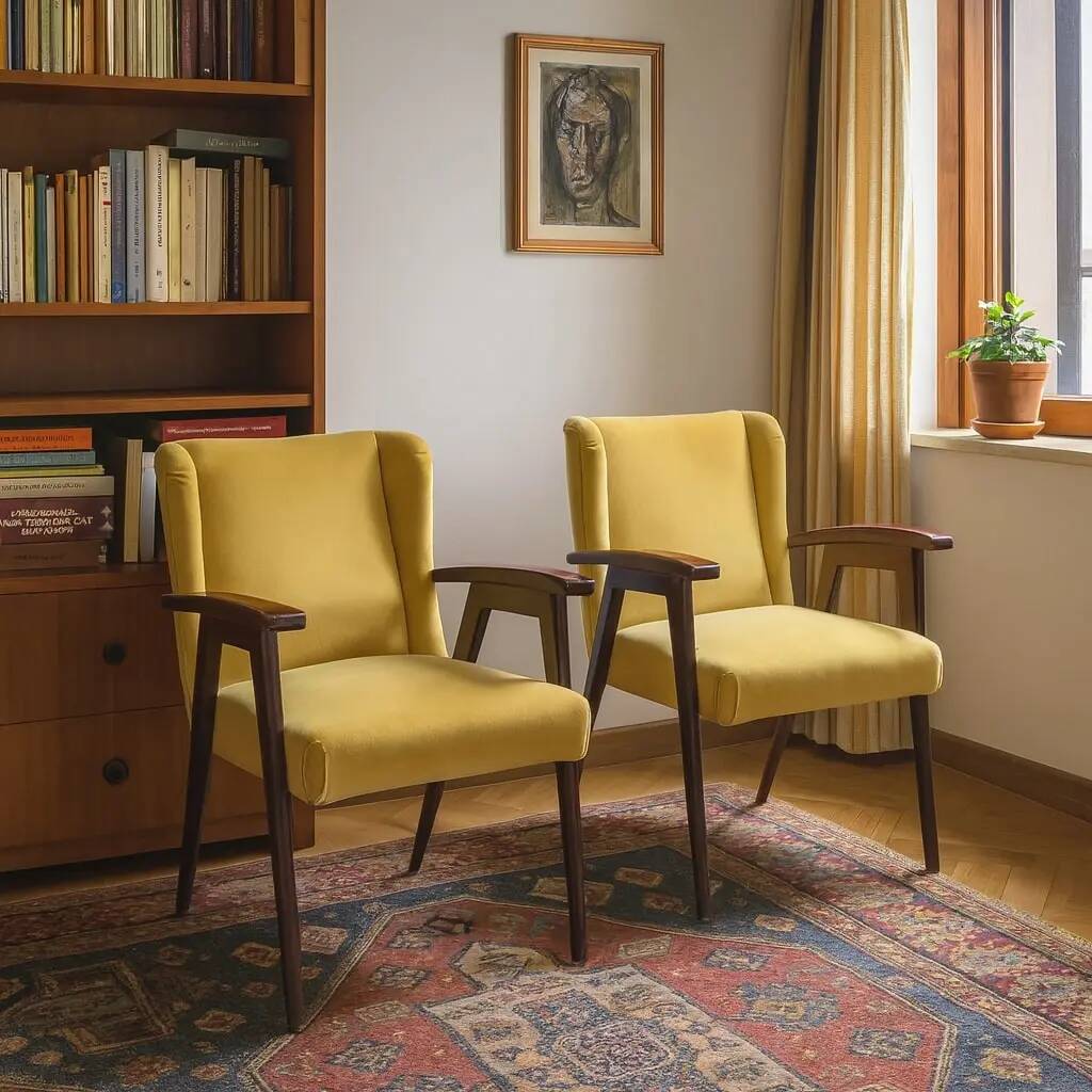 Fauteuils vintage design en bois, mousse et tissu, Italie, années 1960