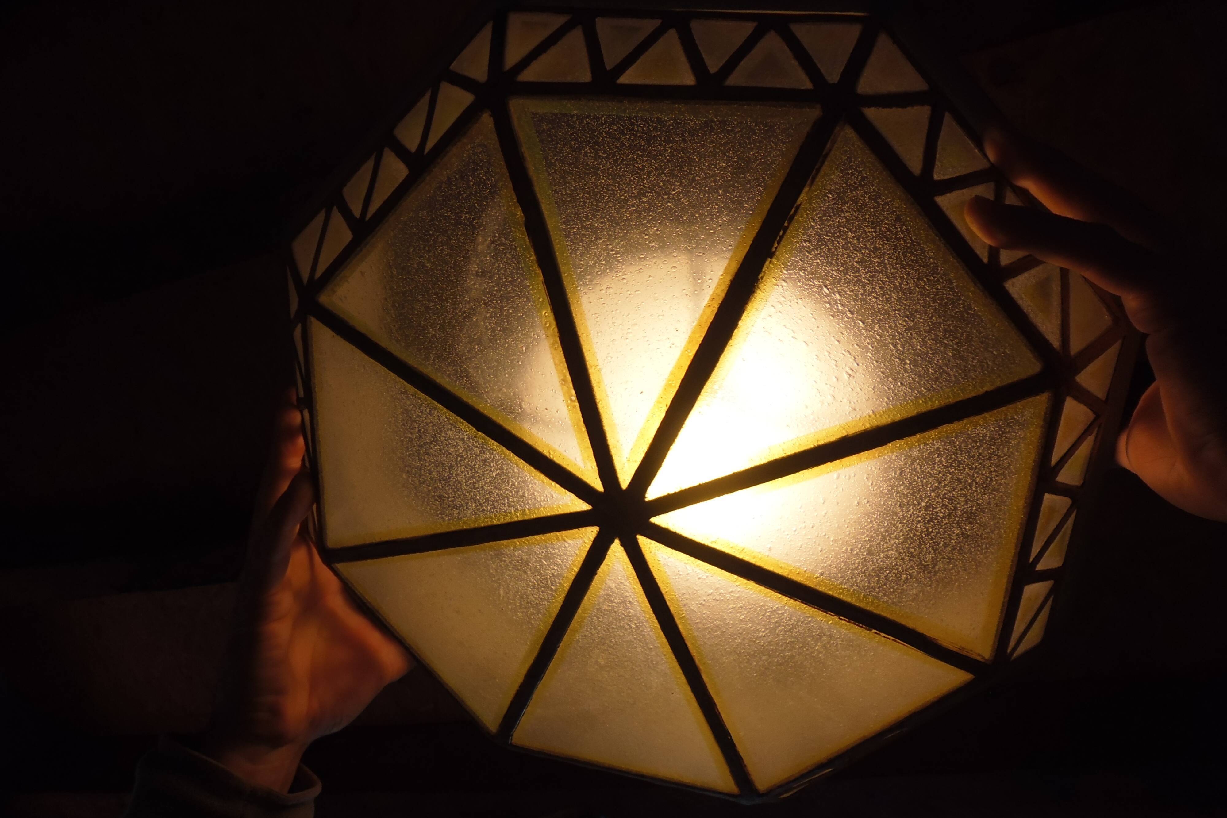 Large octagonal ceiling art deco wood and 1940s bubbled glass