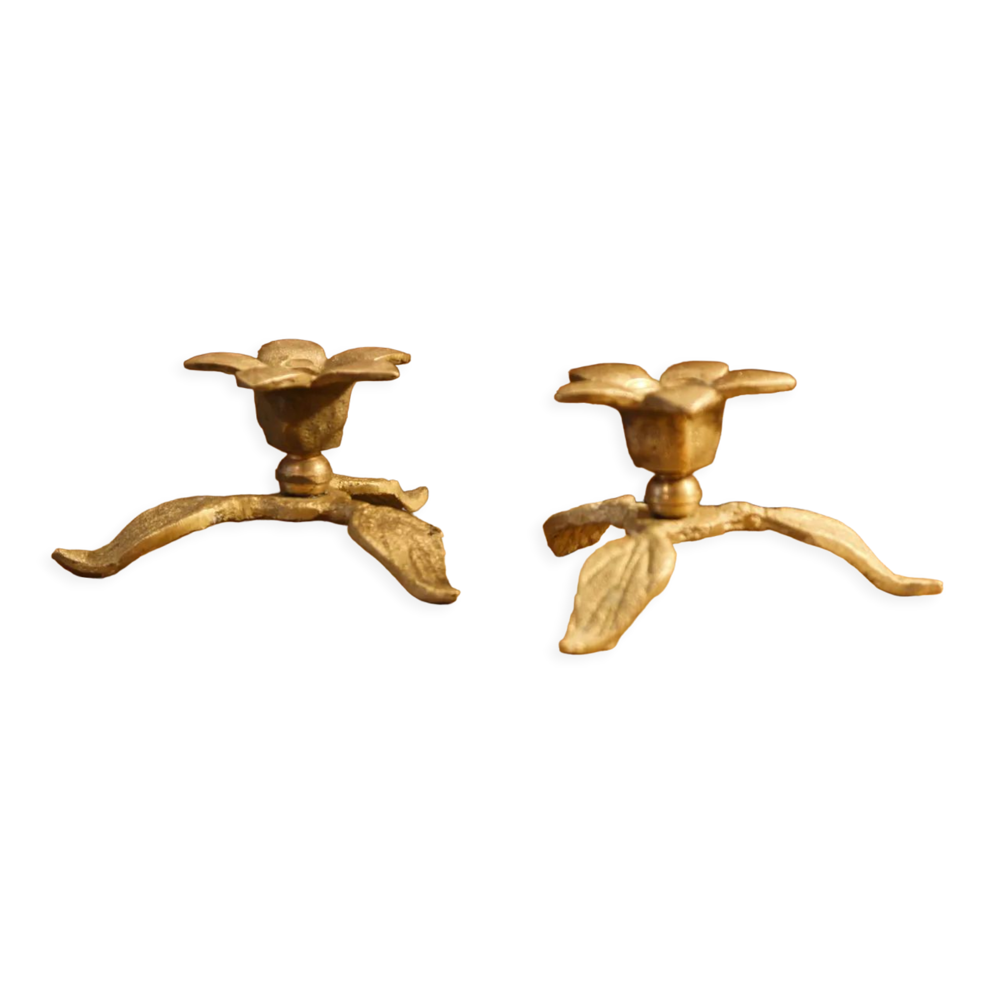 Pair of brass candle holders, flowers