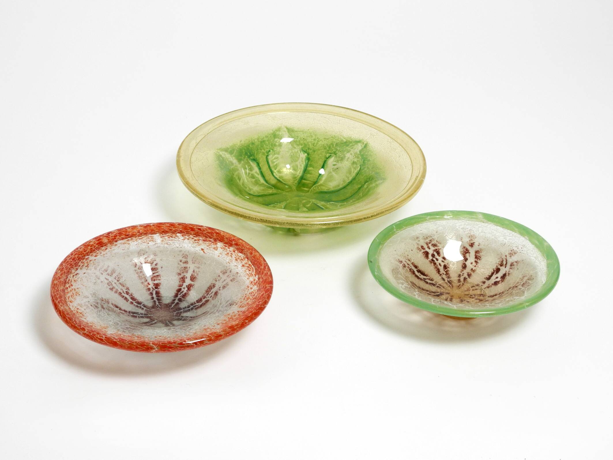 Three large colored 1930s glass bowls by Karl Wiedmann for WMF Ikora