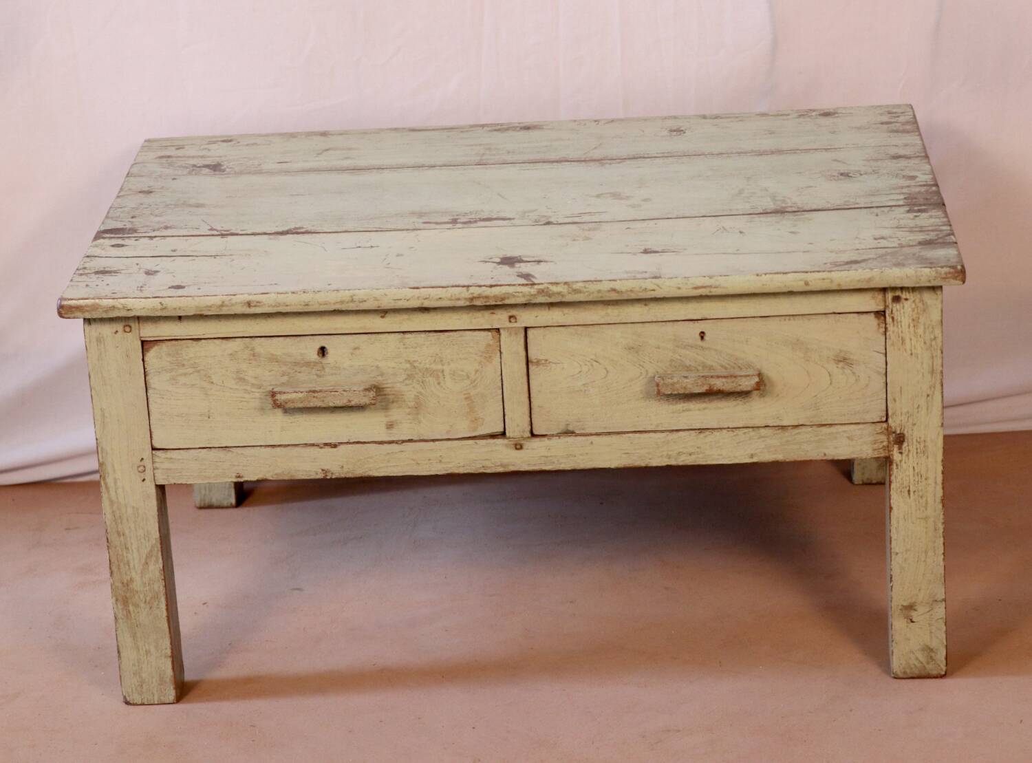 Antique bedside table in Burmese teak with original green cream patina.