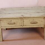 Antique Burmese teak bedside table with original green ecru patina