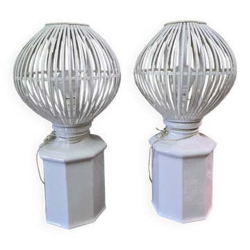 a pair of very large modernist lamps in painted ceramic and wood