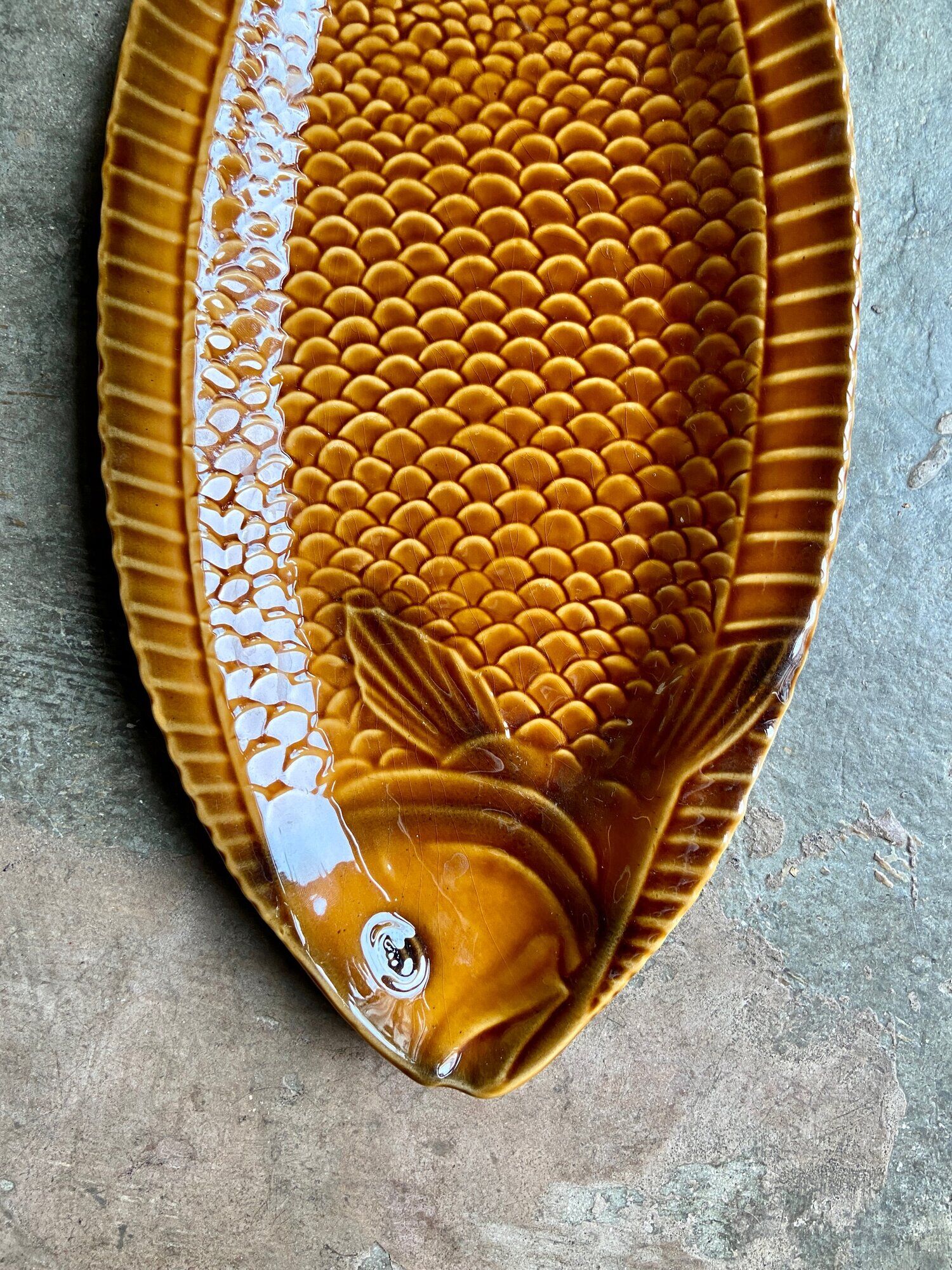 Sarreguemines fish dish in ochre glazed earthenware