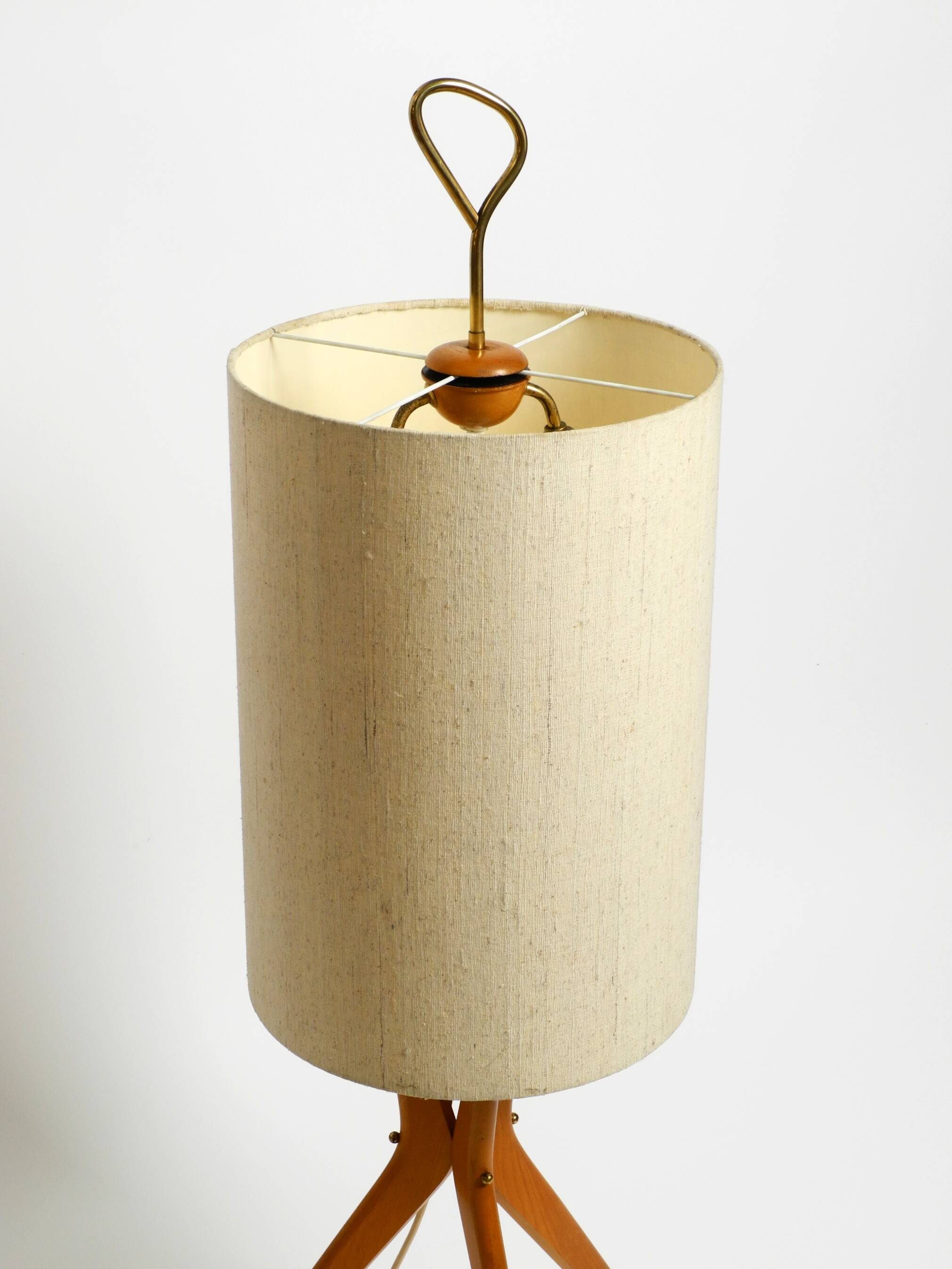 Mid Century Modern tripod walnut wood floor lamp with large fabric shade