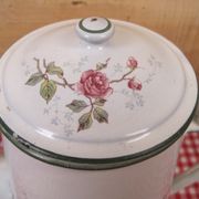 Old coffee maker in enamelled sheet metal brand bb 1900s , decoration of roses , kitchen utensils