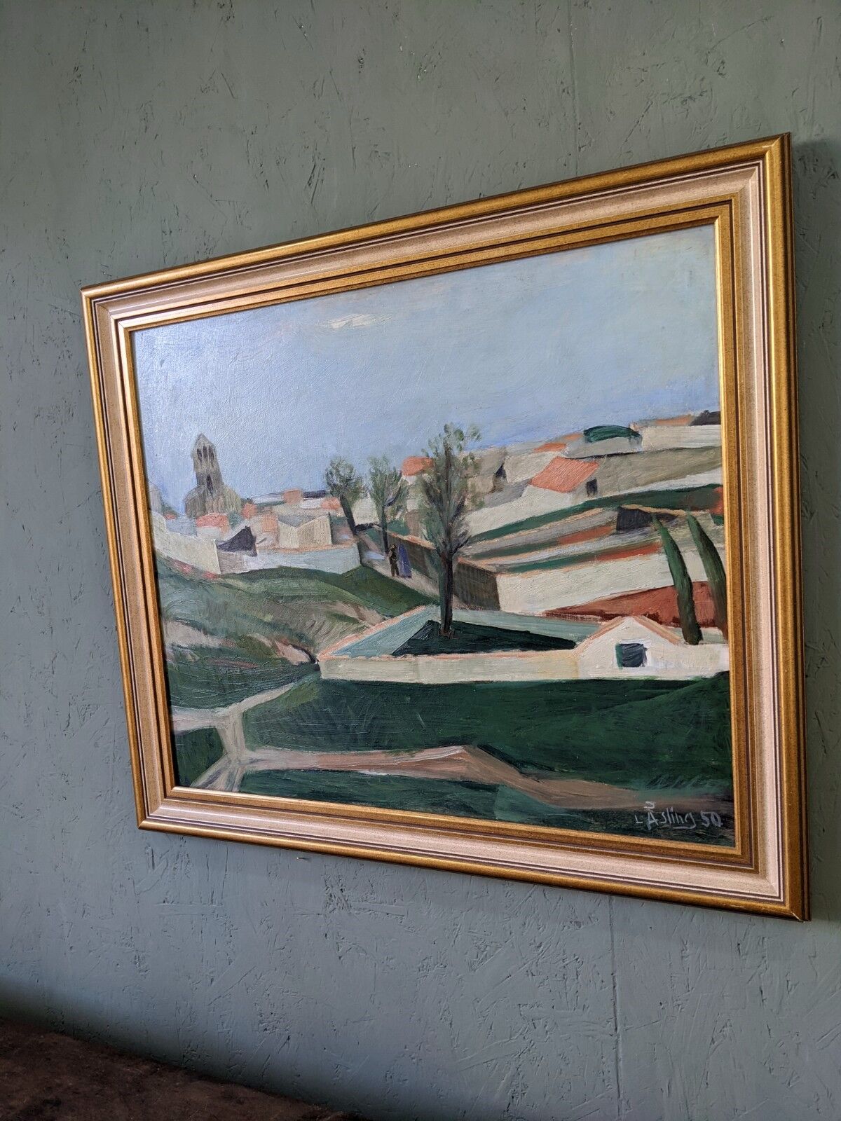 Mid-century modern swedish "slope" landscape, framed oil painting