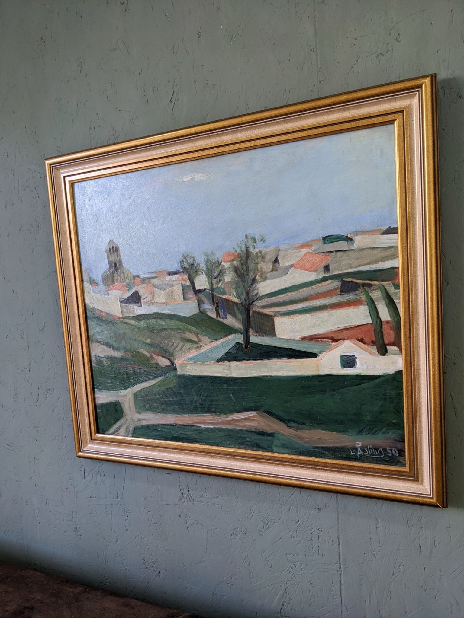 Mid-century modern swedish "slope" landscape, framed oil painting