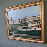 Mid-century modern swedish "slope" landscape, framed oil painting