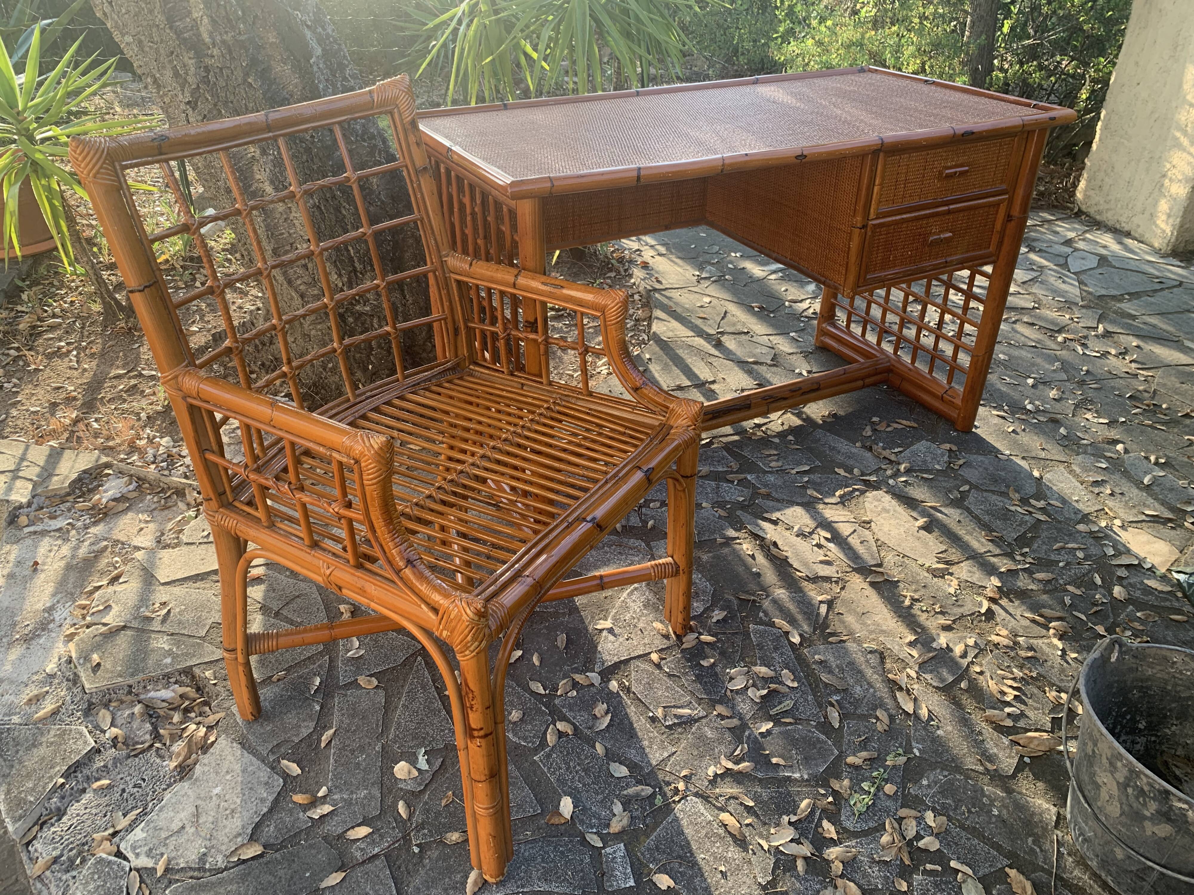 Desk and armchair rattan and vintage bamboo