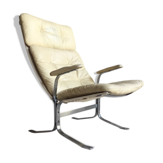 Cantilever armchair in white leather and canvas - stainless steel base - design 1970
