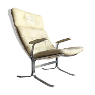 Fauteuil cantilever en cuir blanc et toile - piétement inox - design 1970