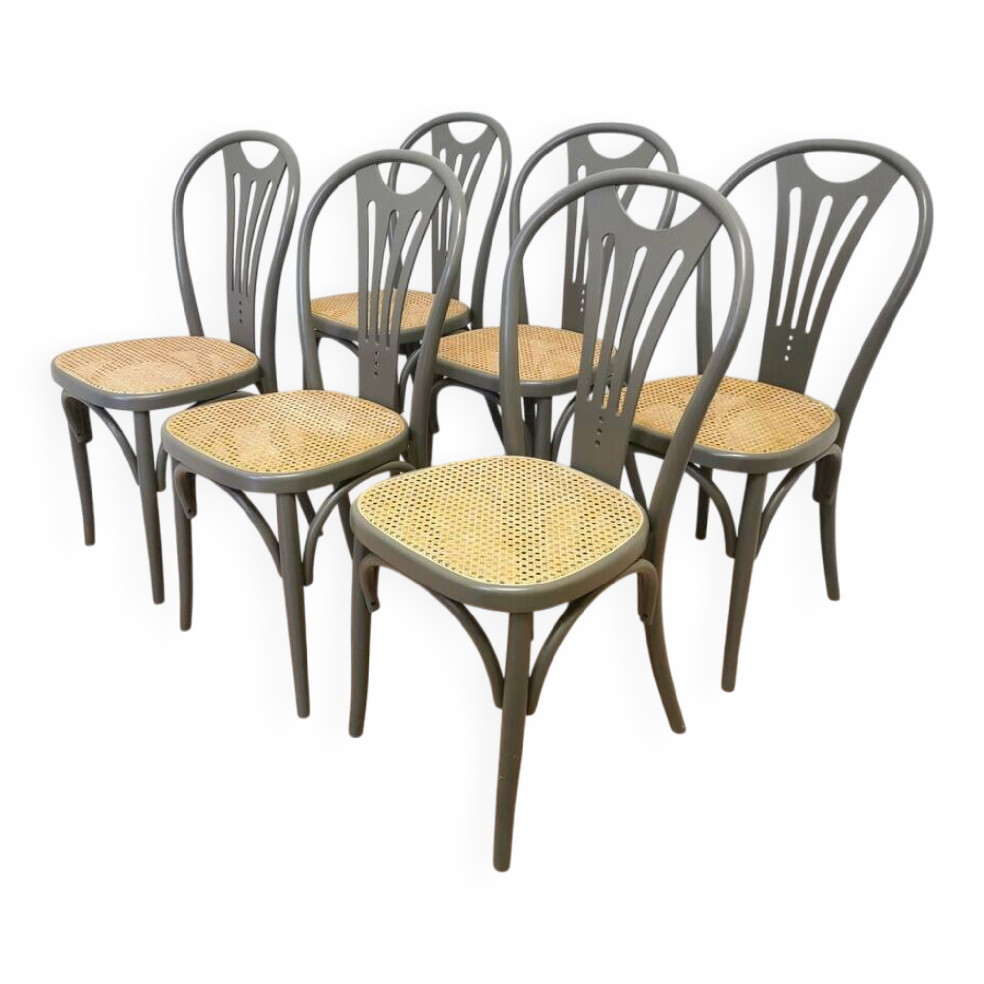 Set of 6 Vintage Gray Bentwood Dining Chair: Thonet Style Cane Seat