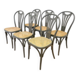 Lot de 6 chaises de salle à manger vintage en bois courbé gris : siège en rotin style Thonet