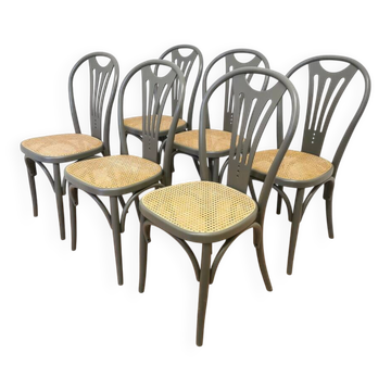 Lot de 6 chaises de salle à manger vintage en bois courbé gris : siège en rotin style Thonet