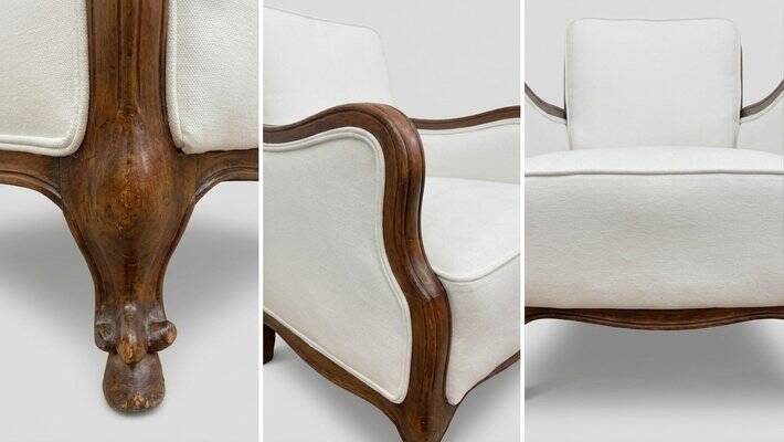 Classic Italian Armchairs with White Upholstery, 1920s, Set of 2