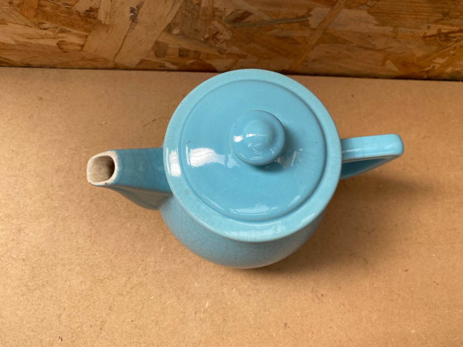 Antique Vintage Cracked Blue Ceramic Teapot