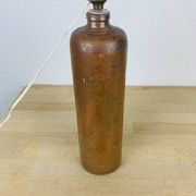 Lampe bouteille grès et abat jour laine vintage