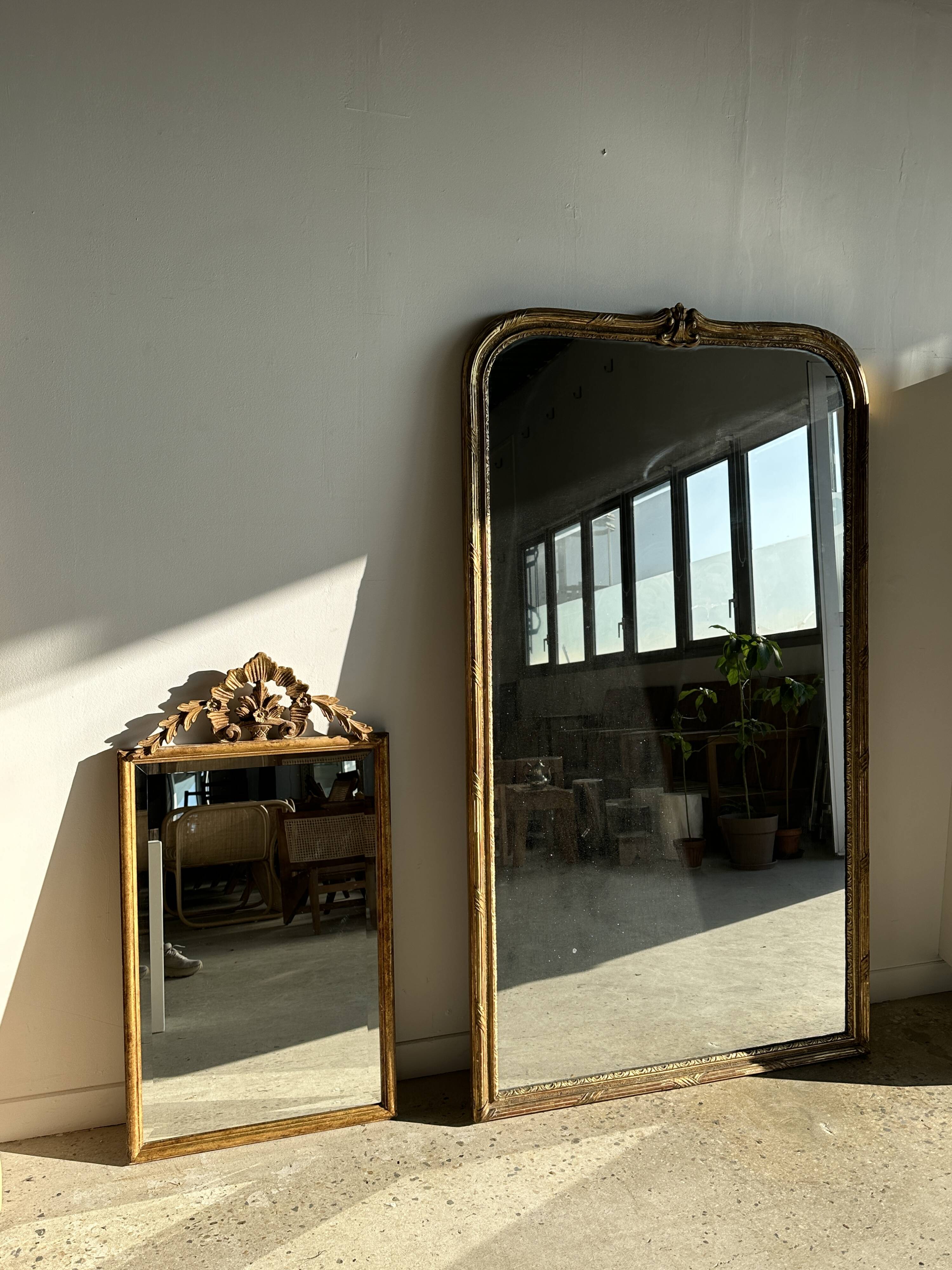Large gilded mirror 19th century rounded corners mercury glass Louis XVI style